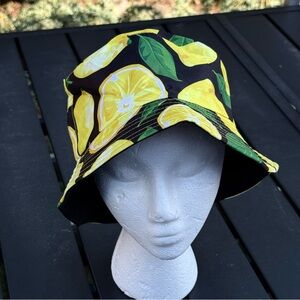 Lemon Print reversible to solid black women’s Bucket Hat 22in circumference